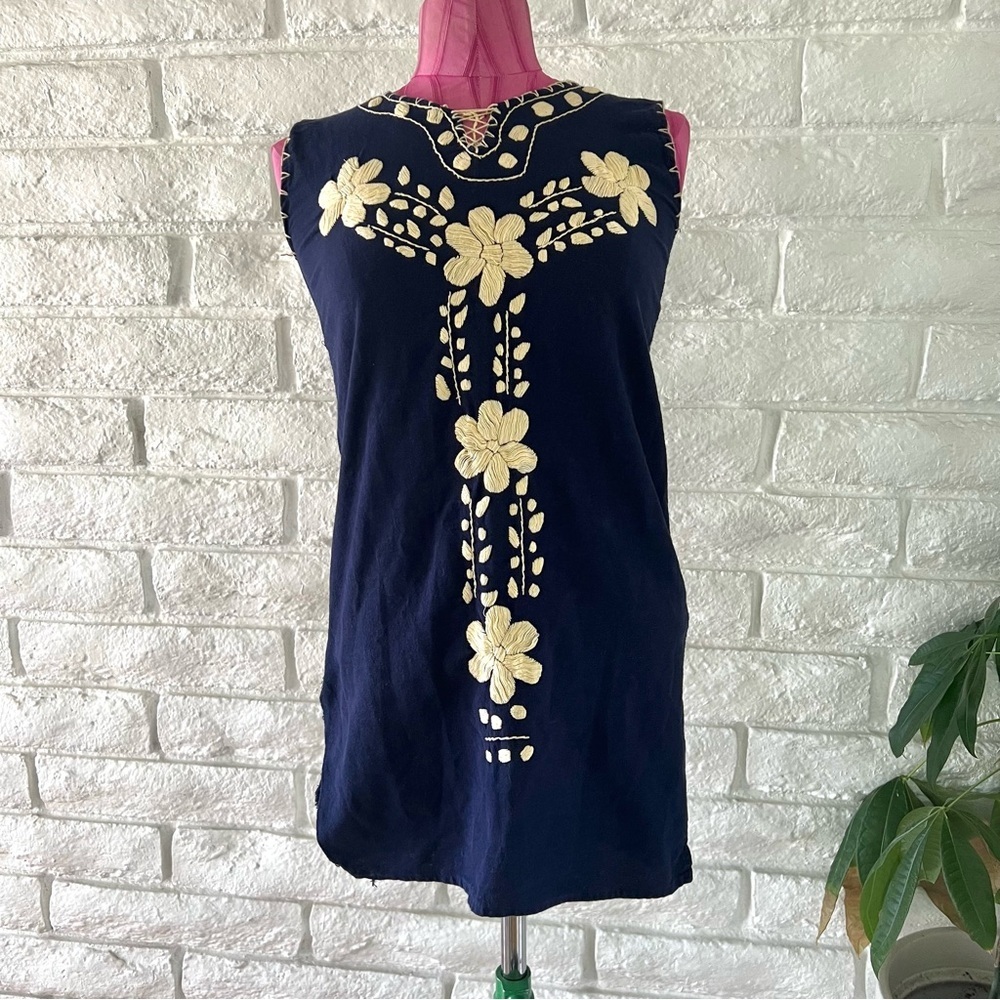 Vintage Handmade Tunic Navy Cream Embroidered